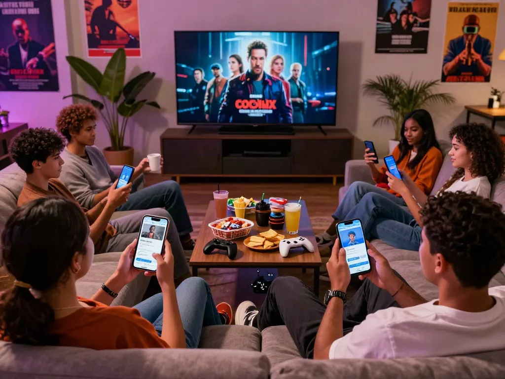 CocoFlix official APK showcased by young adults in a cozy urban lounge with vibrant entertainment elements.