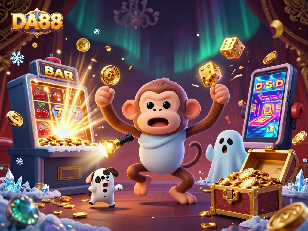 Experience DA88's thrilling casino atmosphere with a mischievous monkey and ghost-hunter puppy as lively characters.