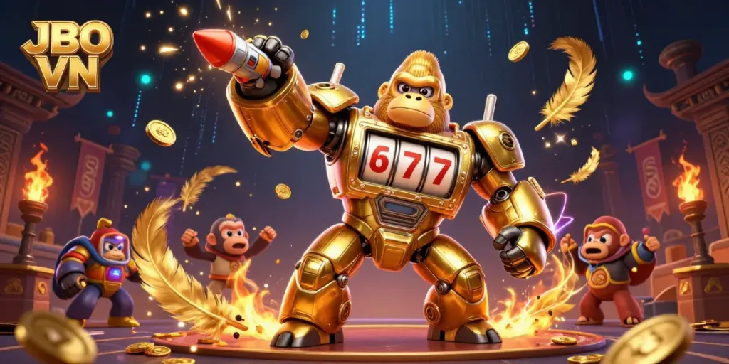 Engage with JBO VN's thrilling gaming scene featuring a dynamic golden gorilla mech surrounded by vibrant casino elements.
