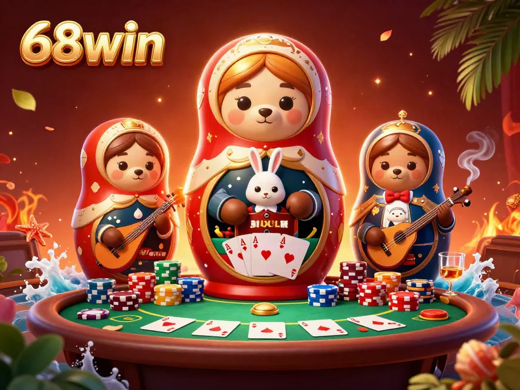 Experience thrilling gaming adventures at 68win with a vibrant casino scene featuring delightful characters.