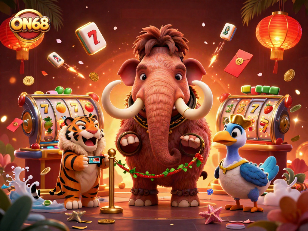 Experience the vibrant casino atmosphere with ON68 as the woolly mammoth bouncer checks IDs.