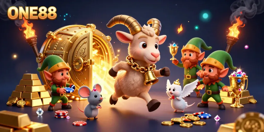 Experience fun at the ONE88 casino with cartoon characters stealing the spotlight in a lively scene.