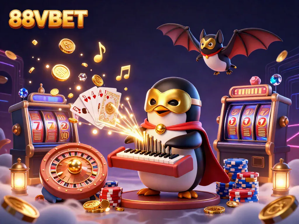 Experience thrilling gameplay with 88VBET's vibrant casino scene featuring a penguin playing an organ, surrounded by golden coins and jackpots.