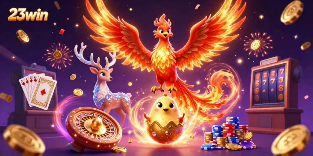 Cascade of games and golden coins reflecting 23win's exciting gambling realm in vivid detail.