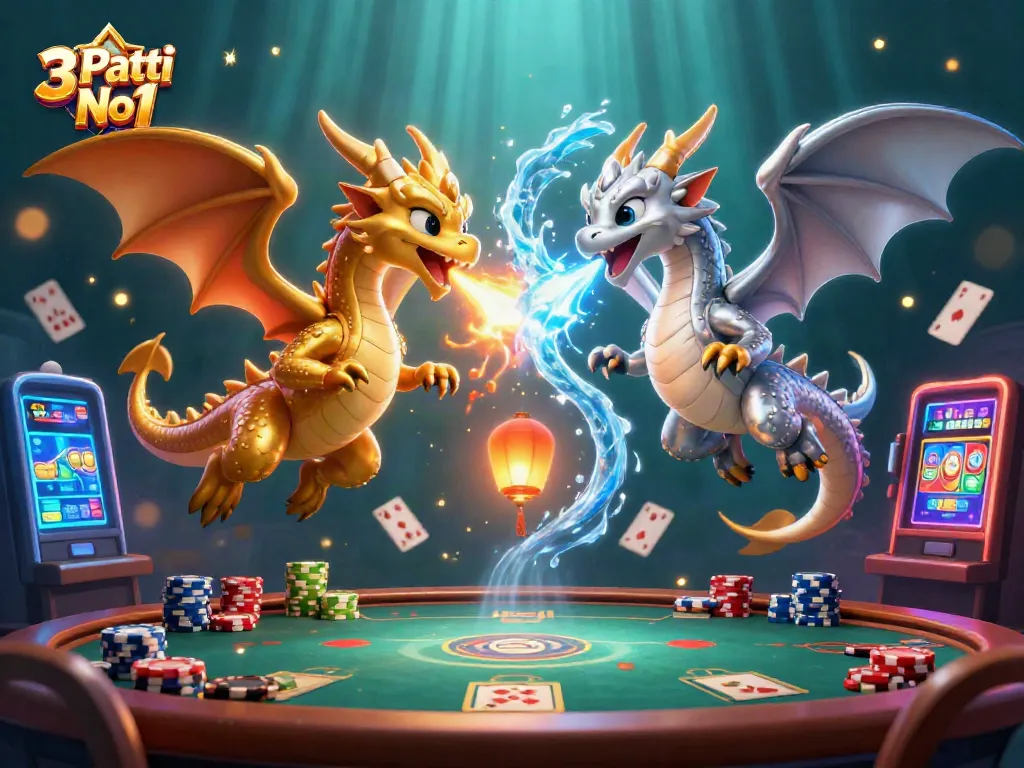 Experience thrilling gameplay with 3 Patti No1 in an energetic casino environment featuring dragons and poker elements.