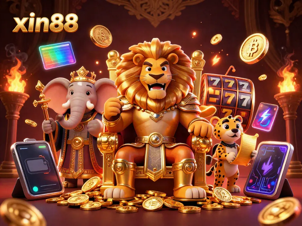 Experience thrilling gameplay with xin88 featuring a king lion on gold coin throne amid exciting slot and jackpot themes.