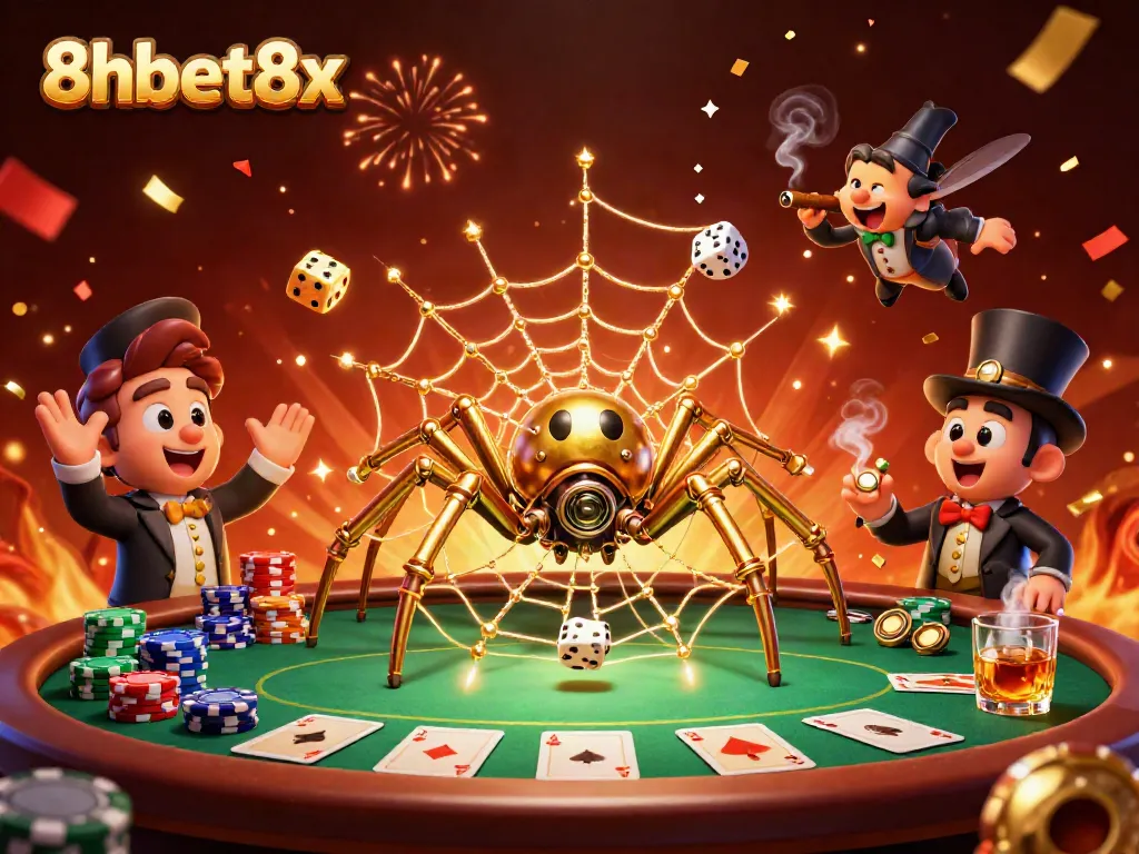 8xbet8x offers thrilling casino action with a steampunk-themed spider catching dice in its web.
