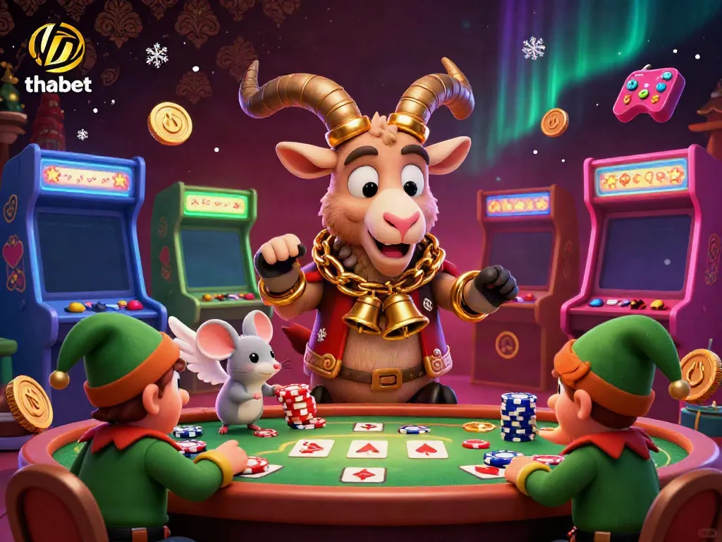 Engage in thrilling gaming at thabet's holiday-themed casino with dynamic characters and immersive visuals.