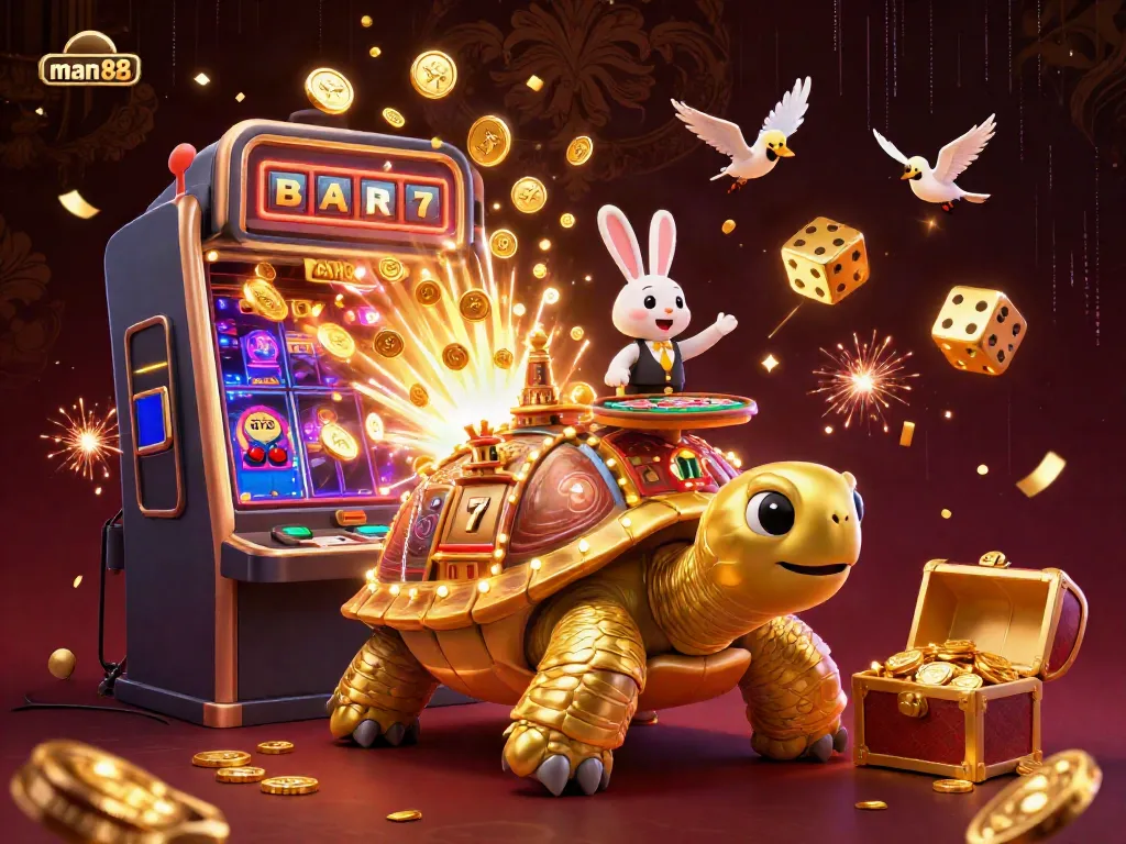 Experience man88's vibrant casino adventure with a giant tortoise casino and golden coins flying in the air.
