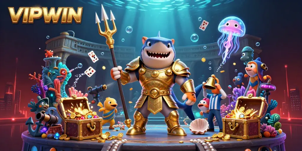 Experience the thrill of VIPWIN with a shark gladiator and exciting underwater treasures.