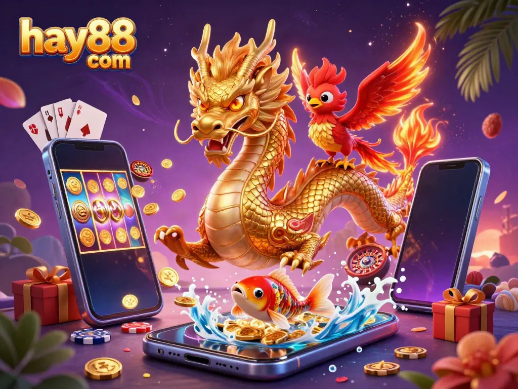 Spin for wins at hay88 com with a golden dragon, lucky koi fish, and vibrant casino elements.