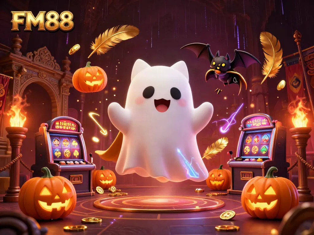 Experience FM88's haunted casino with ghostly cat and bat, glowing jack-o-lanterns, and stunning visuals