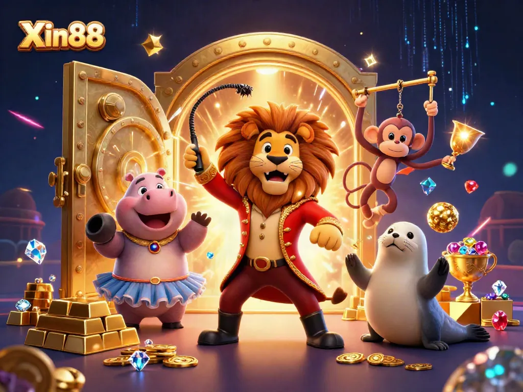 Join the fun at Xin88 with a dynamic 3D circus scene featuring a lion, hippo, monkey, and seal among glowing treasures.