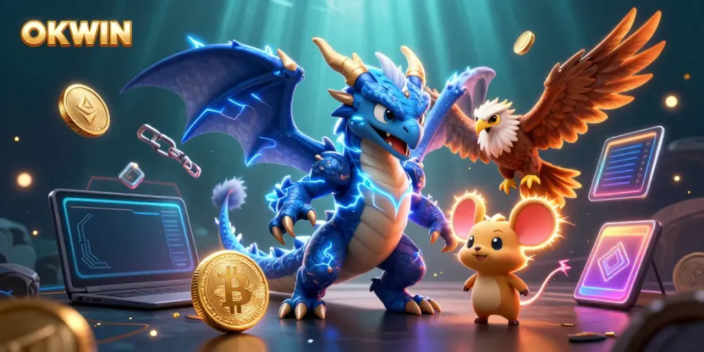 Experience OKWIN with thrilling characters battling for jackpots amidst vibrant casino elements.