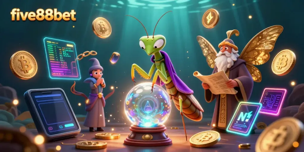 Engage in thrilling games at five88bet, featuring a dynamic casino scene with fortune teller and enchanting elements.