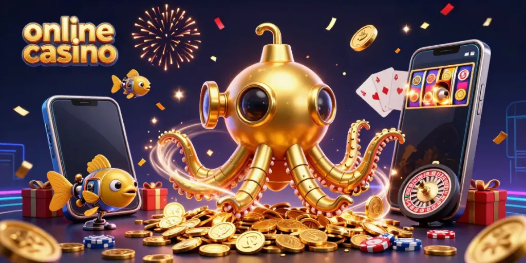 Engage with the vibrant online casino scene featuring a golden kraken submarine and colorful slots.