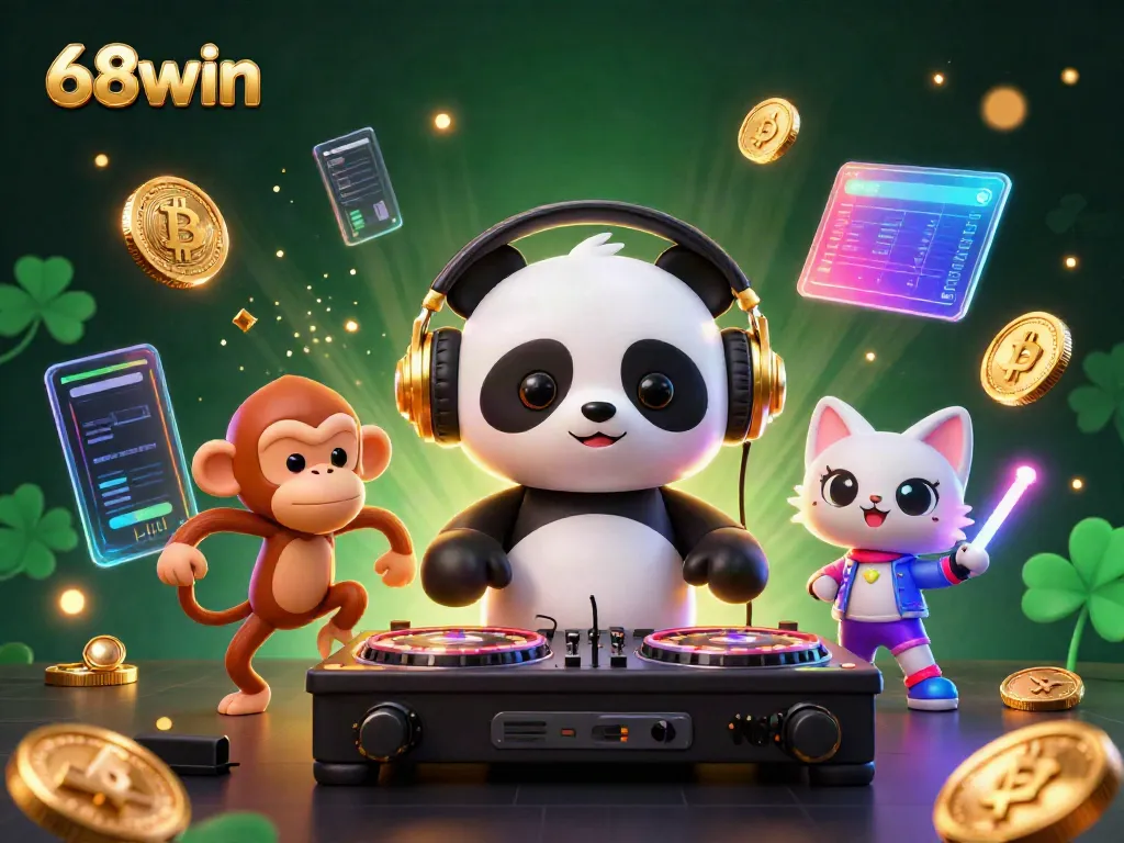 Experience exciting gameplay at 68win with a vibrant casino-themed illustration featuring dynamic characters and crypto elements.