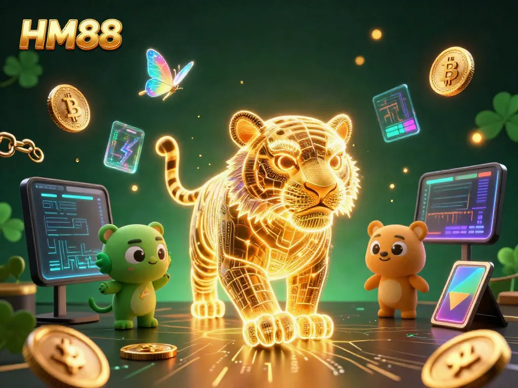 Engage with HM88’s energetic digital casino world featuring a golden tiger, cryptocurrency coins, and holographic elements.