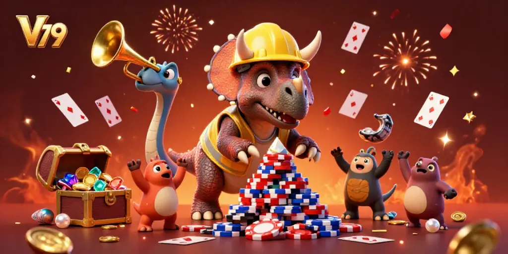Experience the thrill of V 79 with a festive gaming illustration filled with poker chips and sea treasures.