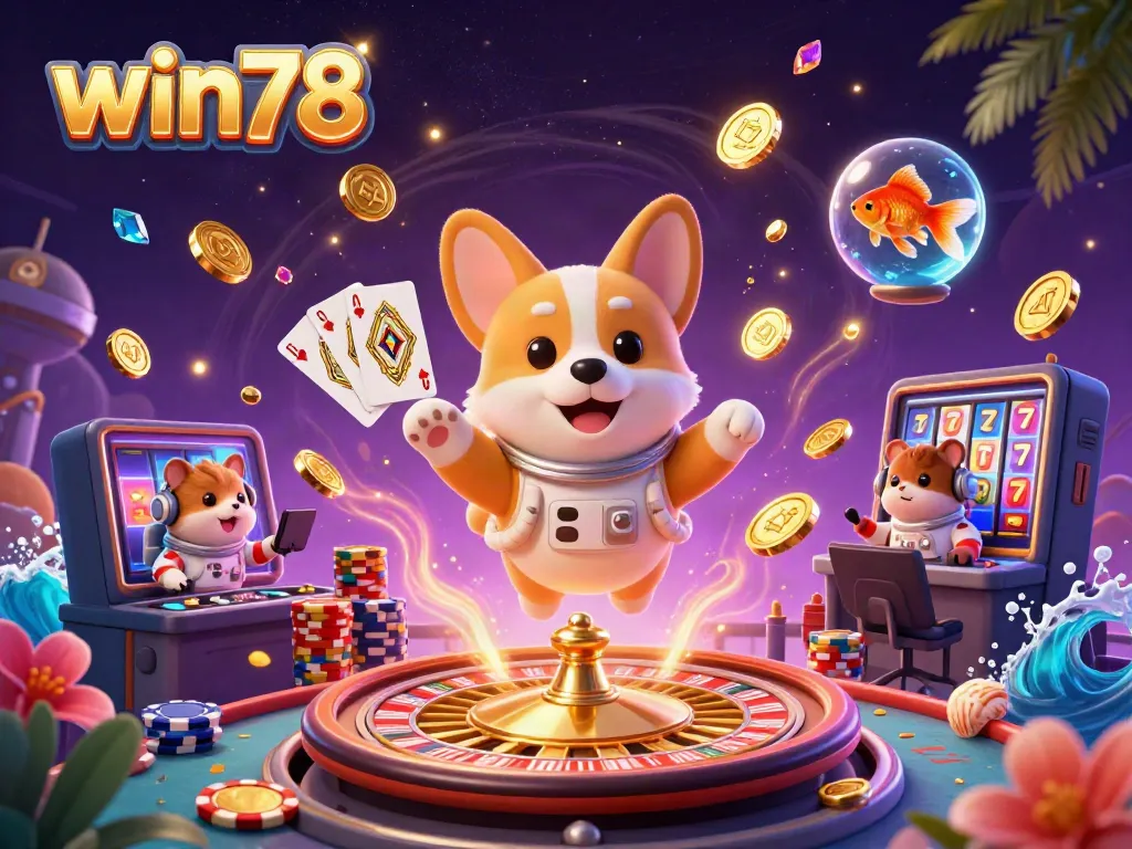 Experience the thrill of win78 with a vibrant cosmic casino scene featuring an astronaut corgi.