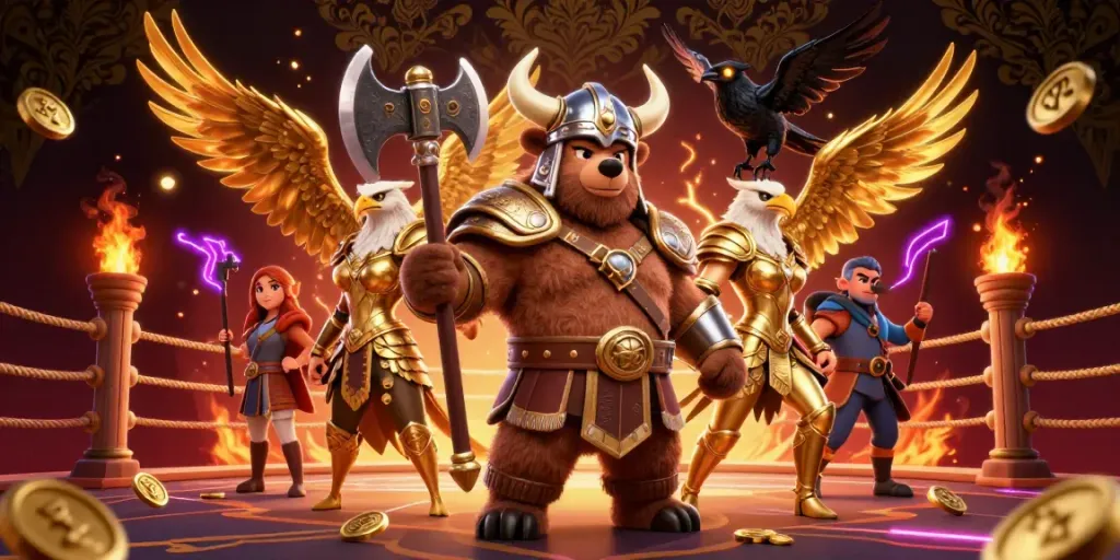 Join the Viking bear and Valkyrie eagle in the Hubet sports betting arena filled with gold coins and action.