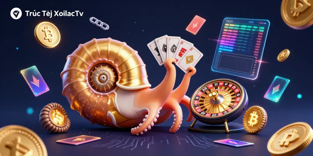 Engage with Trực Tiếp XoilacTv showcasing 3D casino elements with neon crypto features and dynamic lighting.