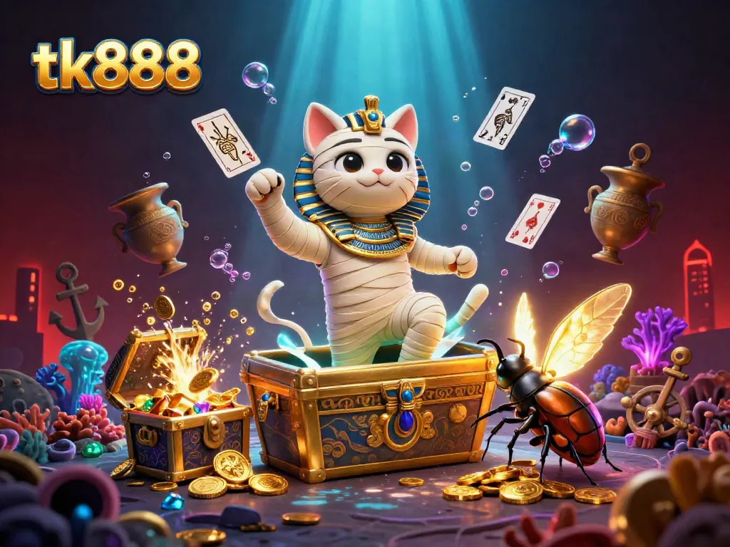 Experience thrilling action at tk888 with a captivating mummy cat and scarab in an Egyptian casino.