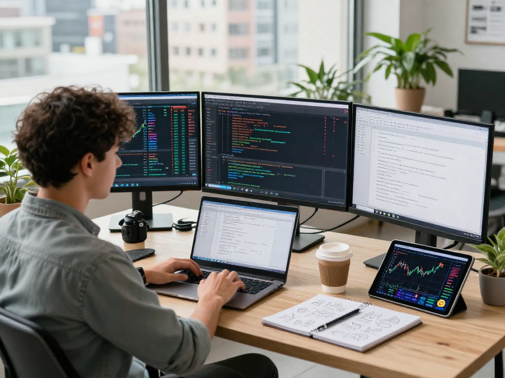 Algorithmic trading API workspace with agile developer coding financial data on multiple screens in a vibrant tech environment.