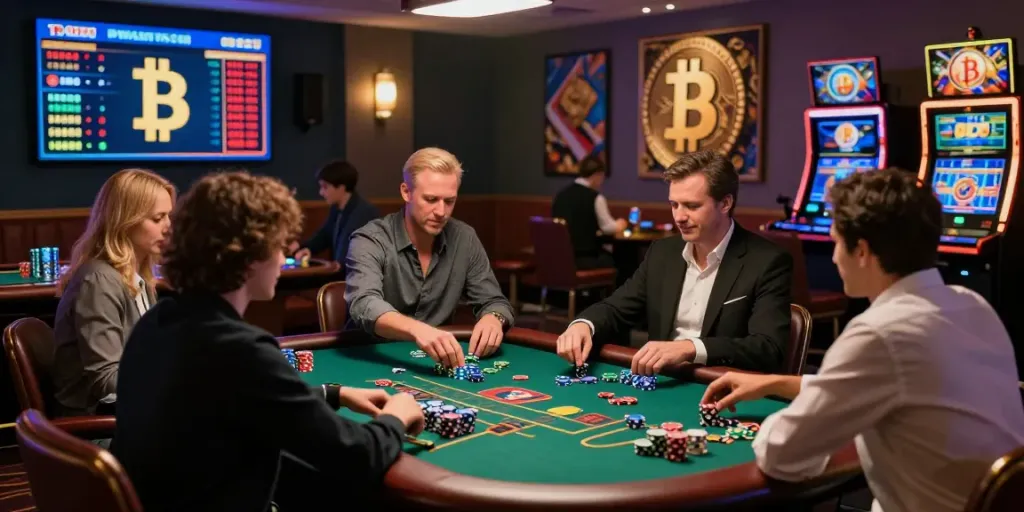 Exciting Bitcoin casino scene with players at a blackjack table and vibrant atmosphere.