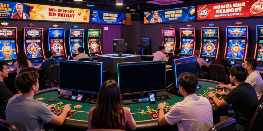 Players enjoying diverse games in a lively online casino environment showcasing Casino sans Depot bonuses.