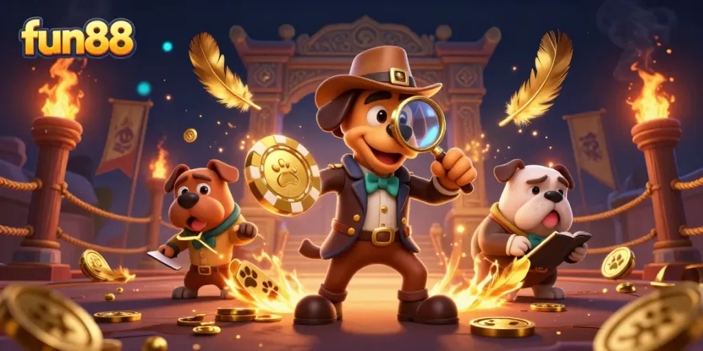 Uncover fun88 gaming secrets with a cartoon detective exploring clues in this vibrant illustration.