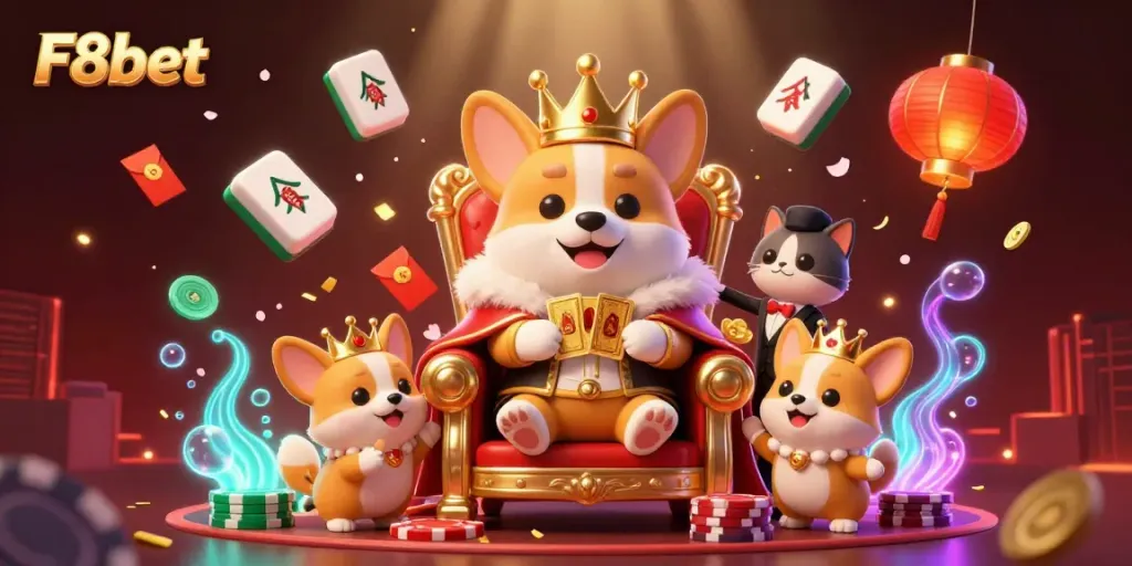 Experience the thrilling gaming atmosphere at F8bet with regal characters and festive elements.