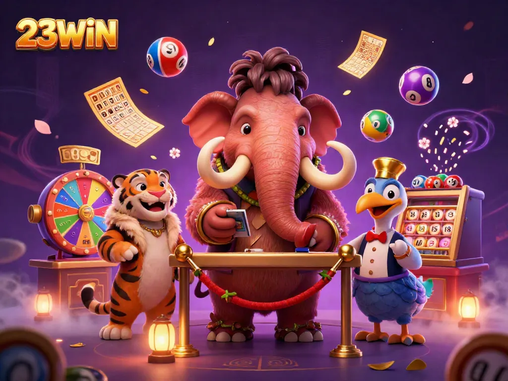 23WIN interactive casino scene with a mammoth bouncer checking IDs at the door surrounded by vibrant game elements.