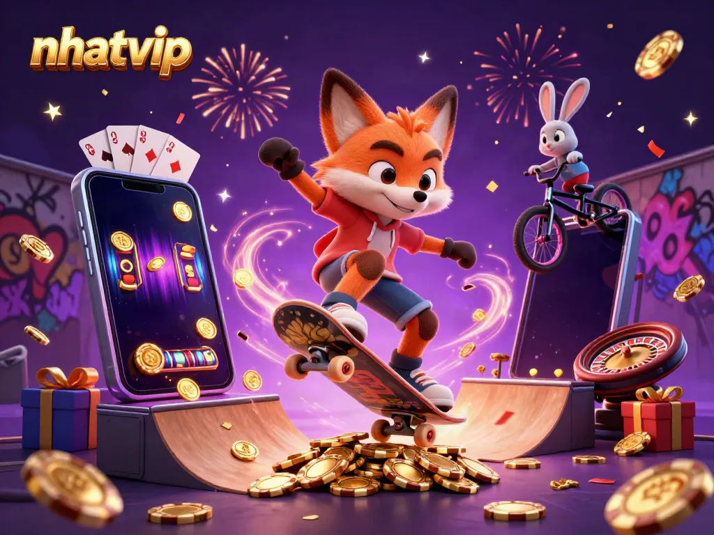 Nhatvip celebrates online gambling with playful cartoon characters and casino elements.