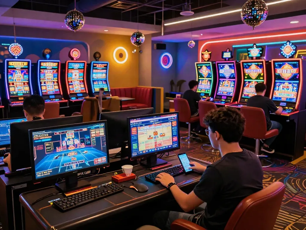 Engaging scene highlighting DiscoWin casino with players enjoying vibrant gaming activities in a stylish lounge.