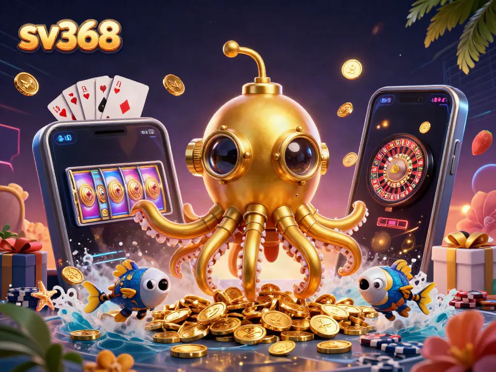 Engage in thrilling casino action with sv368, featuring a golden kraken and slot game elements.