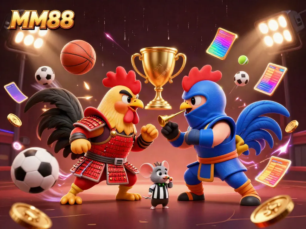 Experience thrilling MM88 action with fierce roosters and dynamic sports elements in a vivid 3D scene.