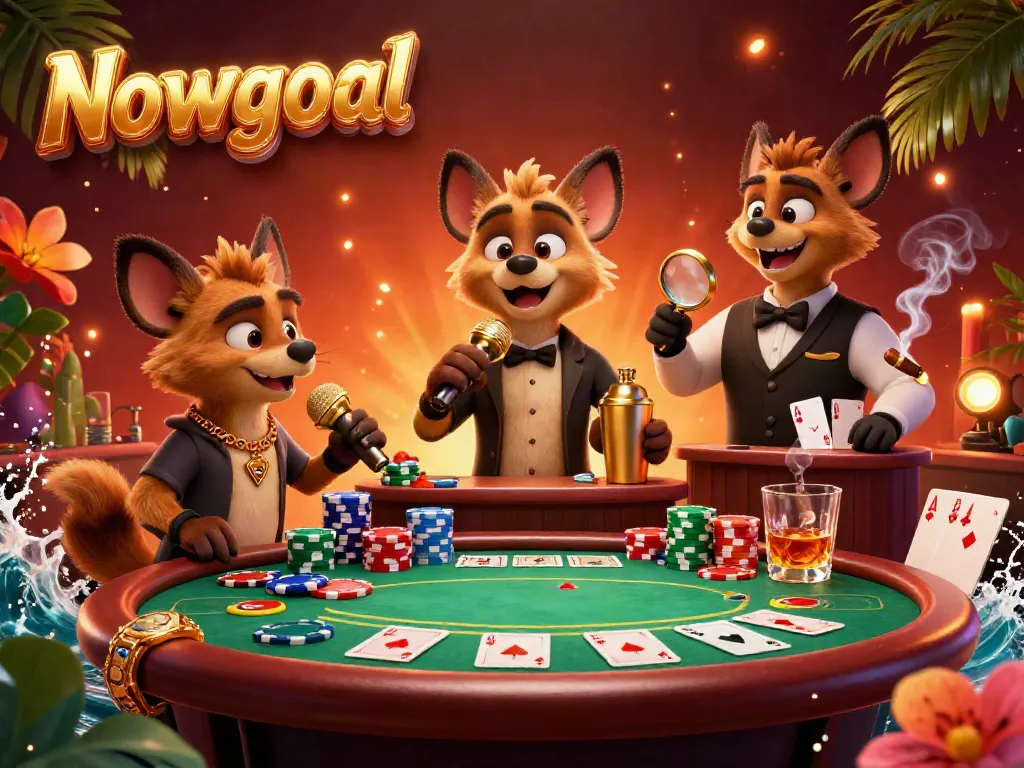 Immerse in the Nowgoal comedy casino scene with hyenas enjoying poker, drinks, and laughter.