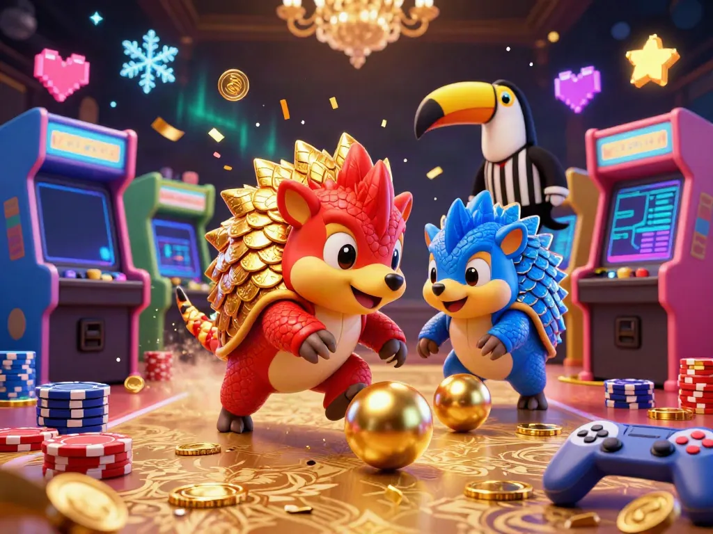 Engage with the thrilling energy of ketquabongda57's casino experience as pangolins playfully roll through poker chips and arcade machines.
