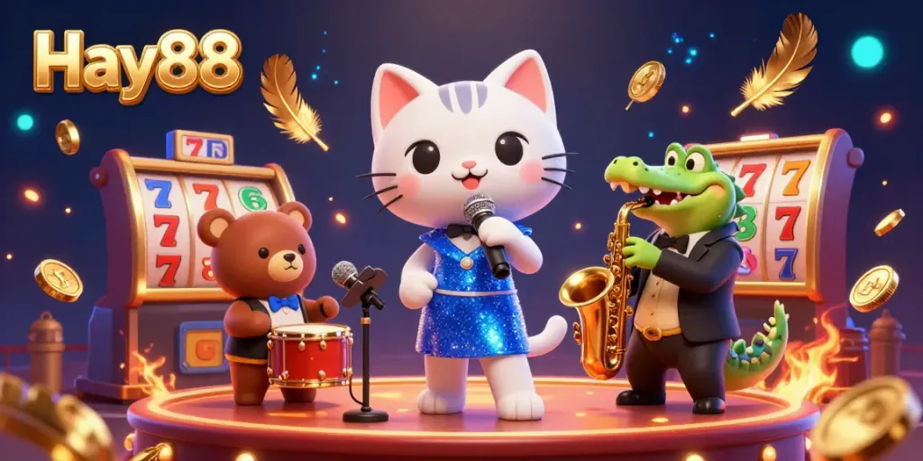 Experience the fun of Hay88 with animated characters in an ultra-detailed 3D casino scene.