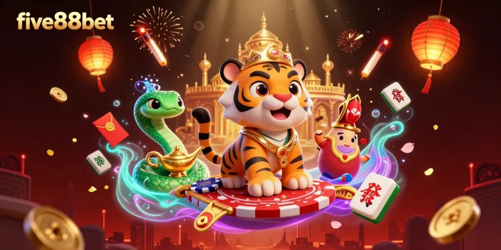 Experience the vibrant world of five88bet with our animated Arabian Nights illustration featuring a tiger sultan.