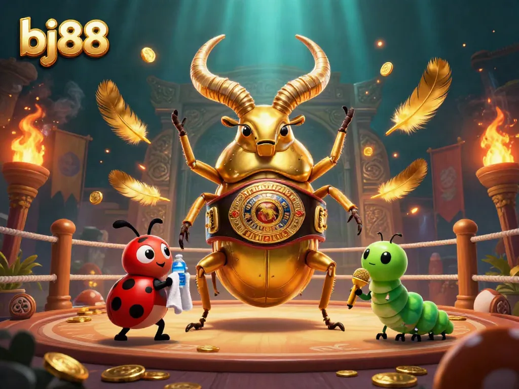 Experience thrilling action as the bj88 golden stag beetle fights for jackpot glory in this vibrant 3D casino scene.