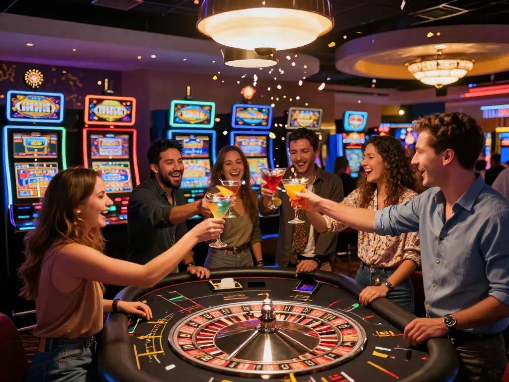 Friends celebrating at a roulette table in a lively Casino Gratuit atmosphere, capturing excitement and camaraderie.