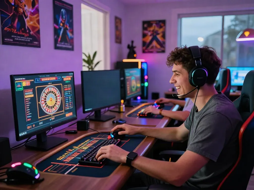 Engaging scene of a player enjoying Casino En Ligne games at home, showcasing vibrant gaming equipment and atmosphere.
