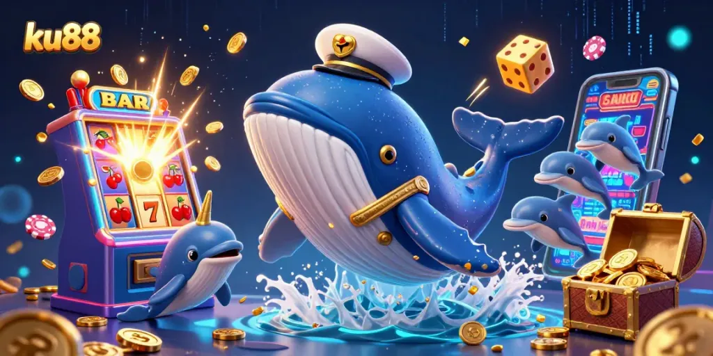 Engage with ku88’s exciting casino experience amidst animated characters, coins, and vibrant game elements.