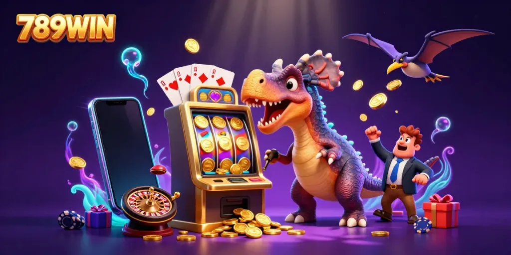 Experience exciting 789WIN gameplay with a charming scene of cartoon dinosaurs at a slot machine, highlighting thrilling casino action.