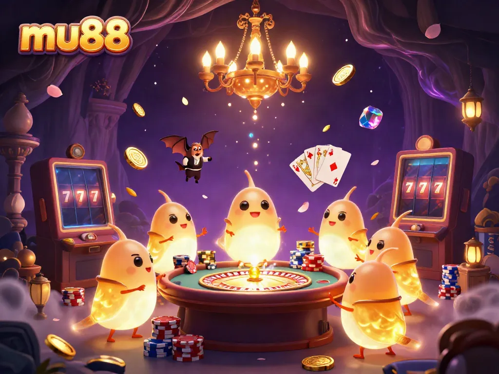Win big at mu88 with vibrant casino games illuminated by glowworms, featuring 3D cards and coins.