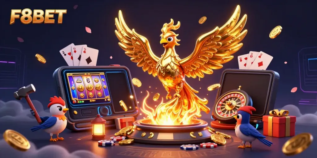 F8BET reveals a dynamic scene with a golden phoenix and gaming elements, capturing the essence of casino excitement.