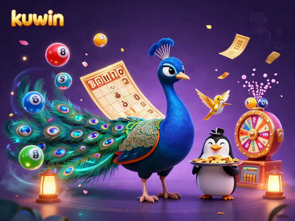 Engage with kuwin's vibrant gaming experience featuring a majestic peacock and golden chips.