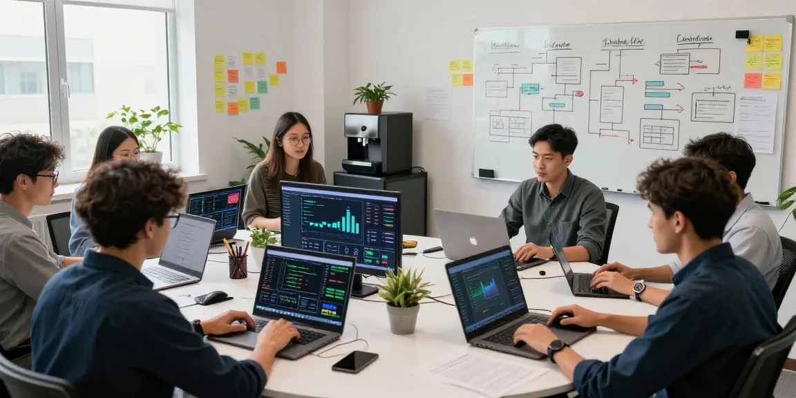 使用程序化交易数据接口的金融科技开发团队在现代workspace中合作的场景。